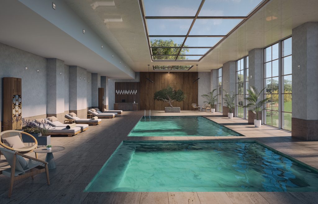 Swimming pool of luxury hotel as part of spa and wellness center with beautiful turquoise water at bright day.